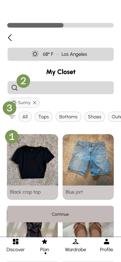 New mid-fi closet screen with photo tiles, search, and filter pills